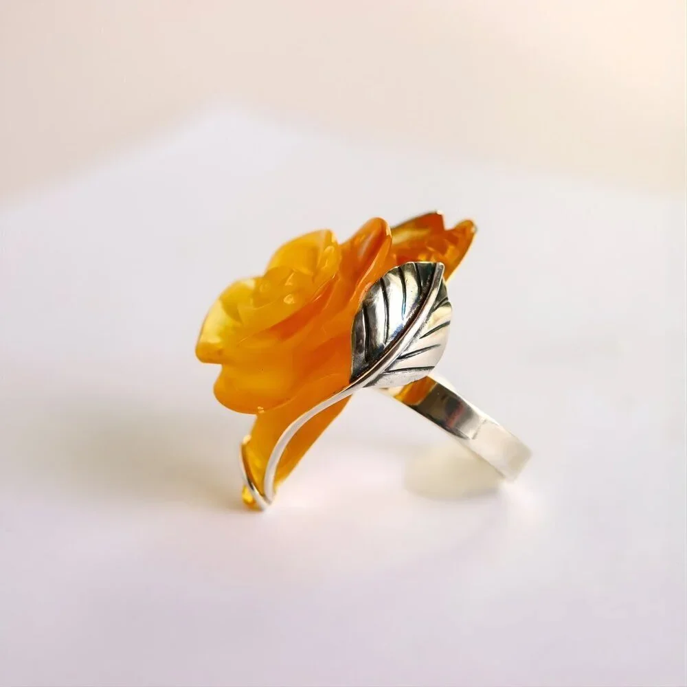 Baltic Amber Ring - Hand-Carved Rose Ring in Sterling Silver